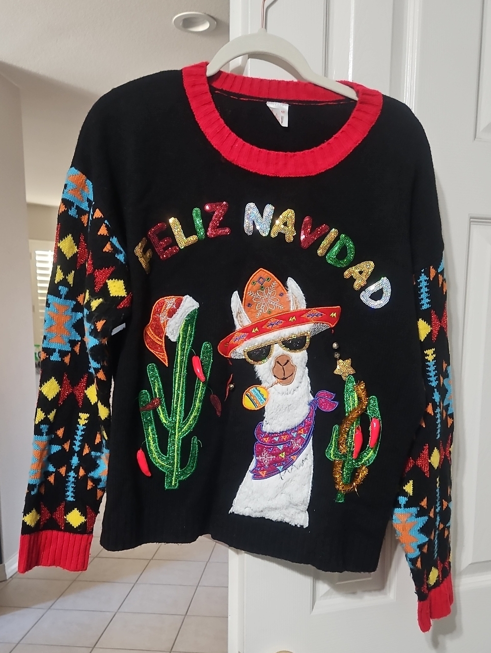 Perfect For Office Party Holiday Time Christmas Llama Sweater with Red Trim